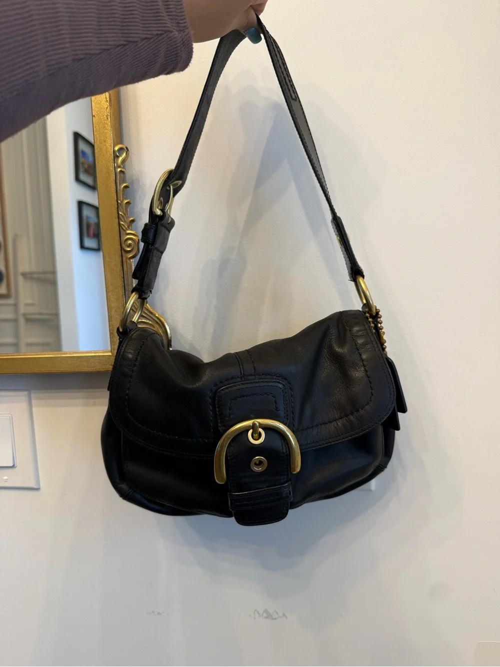 Coach Black Leather Shoulder Bag with Brass Hardware